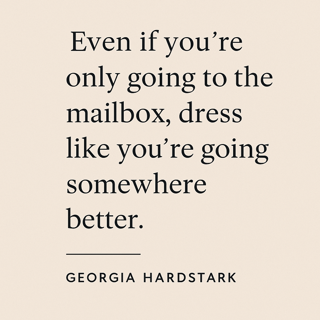 Quote emphasizing self-care: 'Even if you’re only going to the mailbox, dress like you’re going somewhere better.' - Georgia Hardstark
