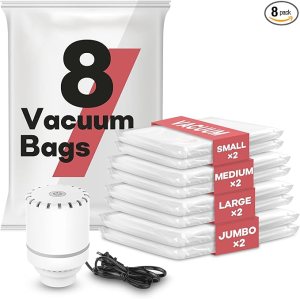 A pack of eight vacuum bags with labels indicating sizes (small, medium, large, jumbo) and a vacuum pump for packing clothes efficiently.